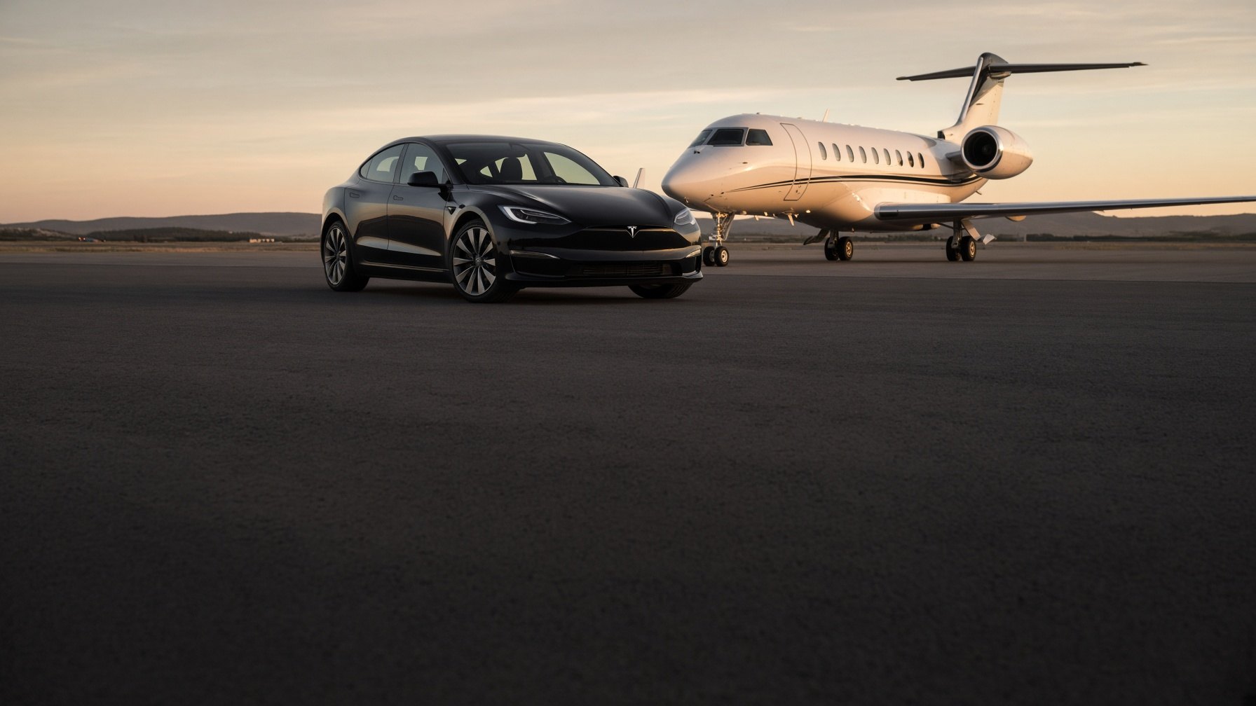 Une berline électrique noire sur le tarmac, au coucher du soleil